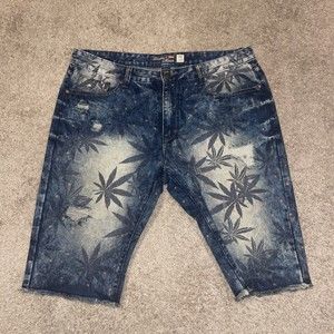 Bleecker & Mercer Men's Dark Wash Distressed Marijuana Leaf Denim Shorts Size 38